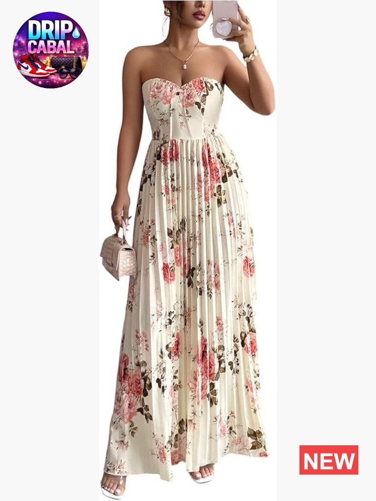 Polyester Blend Floral Maxi Dress Strapless Sleeveless Pleated